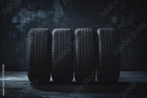 A row of four new tires against a black background, with soft lighting and a high-end feel. © SH Design