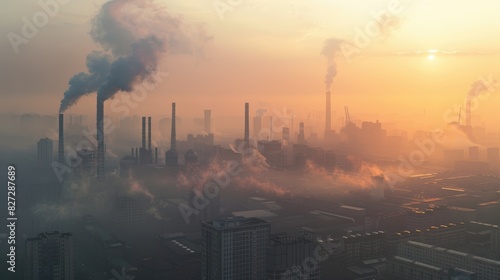 An industrial city skyline with thick smog and polluted air, showing the effects of air pollution on urban environments. photo