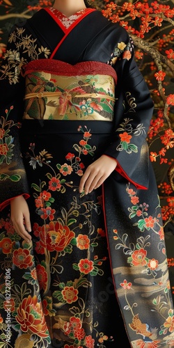 A woman wearing a black kimono with red and gold floral embroidery © duyina1990