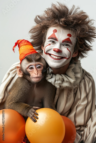 A cheerful clown in colorful makeup, holding balloons and a monkey, brings joy to a circus performance. © Andrii Zastrozhnov