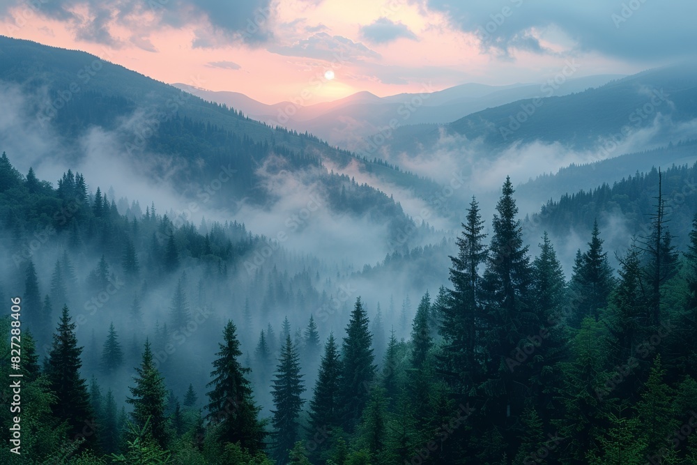 In the majestic scenery of misty mountains and woodland, dawn reveals the serene beauty of nature.