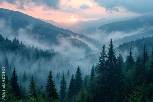 In the majestic scenery of misty mountains and woodland  dawn reveals the serene beauty of nature.