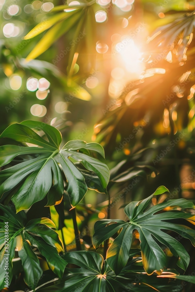 Tropical beach abstract bokeh sunlight on green palm leaf creating a serene and exotic background Tropical beach abstract bokeh sunlight on green palm leaf creating a serene and exotic background