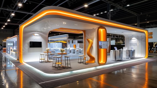 a 15 metre wide by 15 metre long space at a business convention The space contains four small kiosk stands with a counter and monitor on the wall On one end there is a longer wall photo