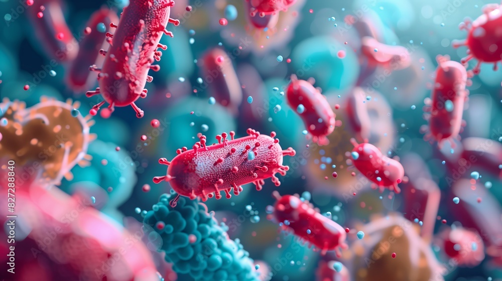 Fototapeta premium 3d render of colorful bacteria and reds, pink, blue micro ingres in the background. Virus cells or bacterias under microscope. Germs microbe microorganism close up. Coronavirus COVID-19.