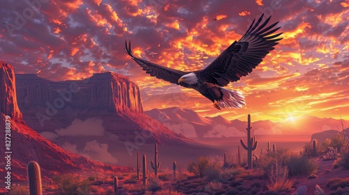 A majestic bald eagle soaring over the desert, with cacti and mountains in the background under a dramatic sunset sky. Wild bald eagle soars above the desert and foothills. photo