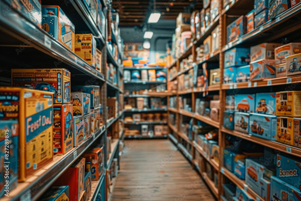 Retro toy store, shelves filled with tin toys, model trains, and classic board games, PsychicWaves Themed Retro toy store, shelves filled with tin toys, model trains, and classic board games, PsychicWaves Themed