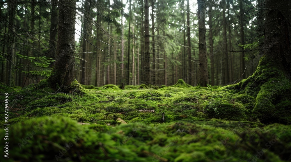 Obraz premium European forest displaying moss covered ground and branches