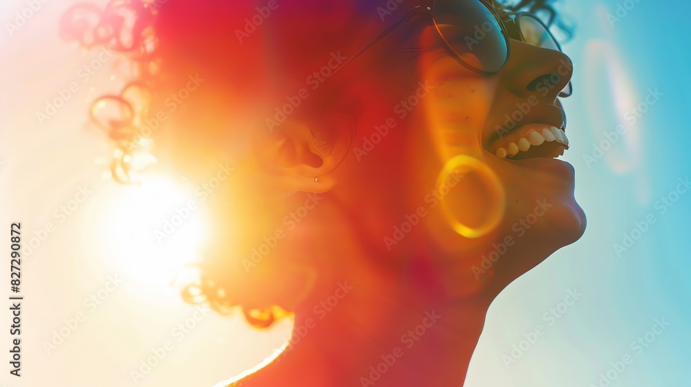 joyful laughter, bright smile, pure happiness, close up, focus on, copy space, vibrant colors, Double exposure silhouette with sunburst joyful laughter, bright smile, pure happiness, close up, focus on, copy space, vibrant colors, Double exposure silhouette with sunburst