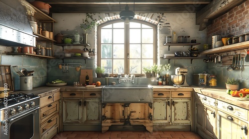Kitchen with a farmhouse sink and rustic elements, realistic interior design