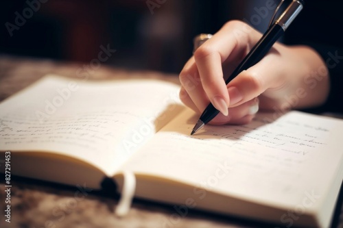 Caucasian woman writing in notebook indoors