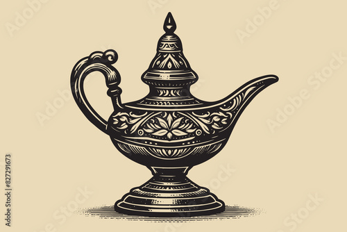 Arabic oil lamp. Vintage retro engraving illustration. Black icon, logo, label. isolated element.	