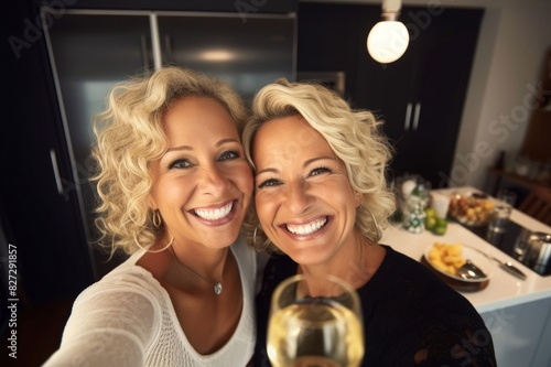 cheerful mature women holding champagne flutes while taking selfie in kitchen photo