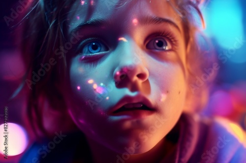 child's face close-up on a holiday in neon light