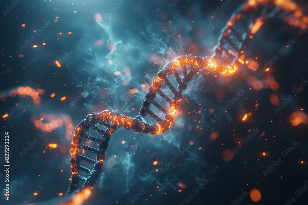 Golden DNA helix on dark background, luminous and scientific Golden DNA helix on dark background, luminous and scientific
