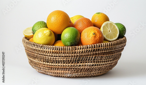 An artistic composition featuring a handwoven wicker basket brimming with an assortment of citrus fruits like oranges, lemons, and limes, set against a clean white background. photo