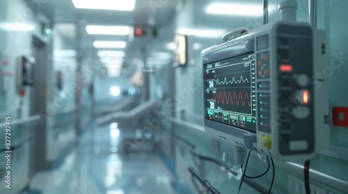 Close-up of a medical monitor displaying vital signs in a modern hospital ICU