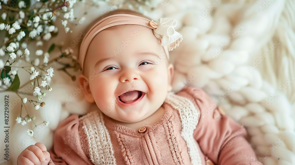 A baby is smiling and laying on a blanket with flowers in the background A baby is smiling and laying on a blanket with flowers in the background