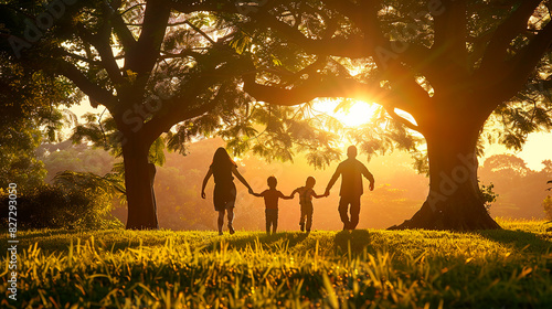 A family of four is walking through a park, holding hands photo