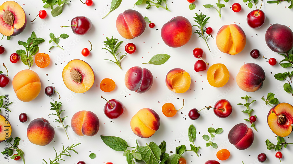 An HD composition highlighting the juiciness of ripe plums, peaches, and apricots, surrounded by an assortment of colorful vegetables, all displayed against a seamless white backdrop. An HD composition highlighting the juiciness of ripe plums, peaches, and apricots, surrounded by an assortment of colorful vegetables, all displayed against a seamless white backdrop.