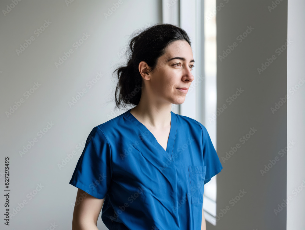 Focused Female Nurse in Scrubs Standing by a Window Focused Female Nurse in Scrubs Standing by a Window