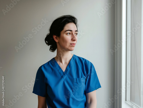 Focused Female Nurse in Scrubs Standing by a Window