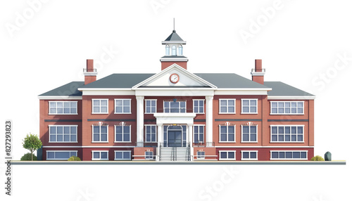 Elegant illustration of a classic red brick school building with large windows, columns, and a clock tower, representing traditional education. photo
