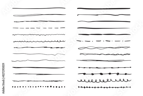 Marker hand drawn line border set and scribble design elements. Hand drawn grunge brush strokes. Set wavy horizontal lines. Set of art brushes for pen. 