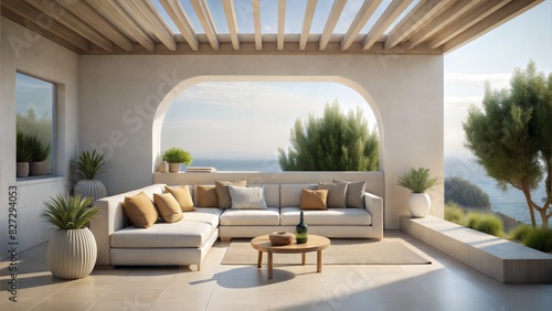 minimalist Beautiful soft colored terrace with sofa on Mediterranean villa. Summer minimalist architecture background. 