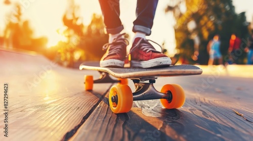 Fototapeta Naklejka Na Ścianę i Meble -  Close up of skateboarder s shoes showcasing stylish control in summer olympic games sport event