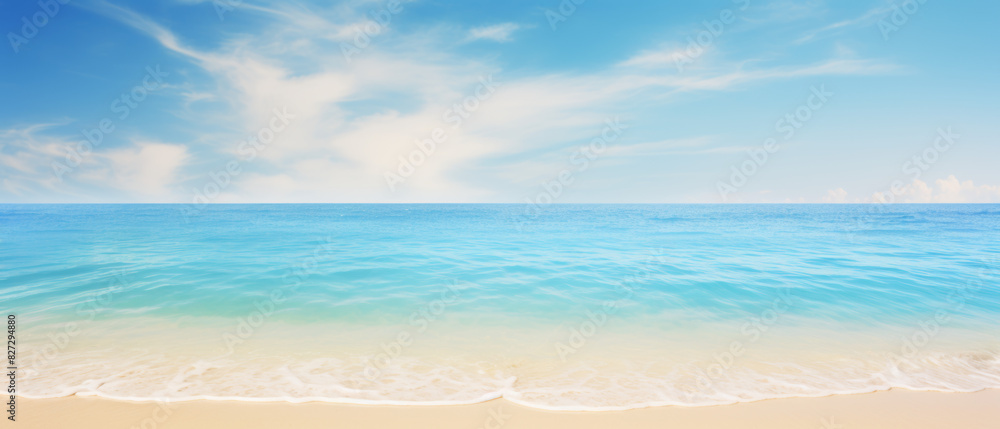 Serene beach scene with gentle waves lapping on golden sand, clear blue sky, peaceful atmosphere, untouched beauty, inviting and relaxing, isolated white background, copy space