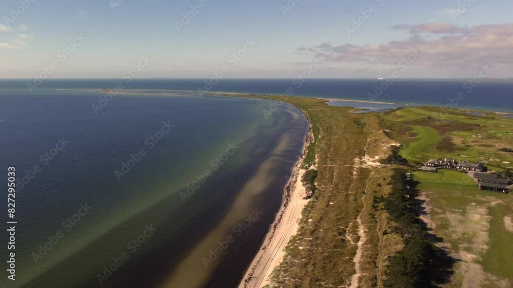 Aerial shot of sandy beach alongside Kattegat Strait in Varberg Municipality, Halland County, Sweden