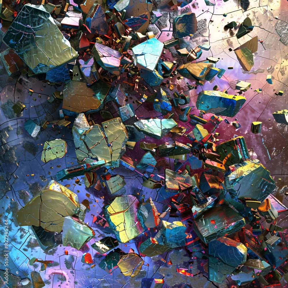 Crash & Damage: Describe a scene where a vibrant, three-dimensional mosaic crashes to the ground, resulting in scattered fragments and damage, creating a textured, grunge effect amidst the colorful Crash & Damage: Describe a scene where a vibrant, three-dimensional mosaic crashes to the ground, resulting in scattered fragments and damage, creating a textured, grunge effect amidst the colorful