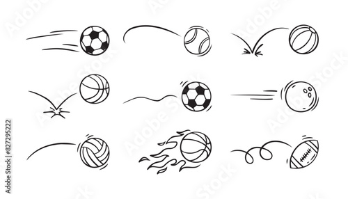  Doodle sport ball trajectory bounce collection. Line hand drawn balls set