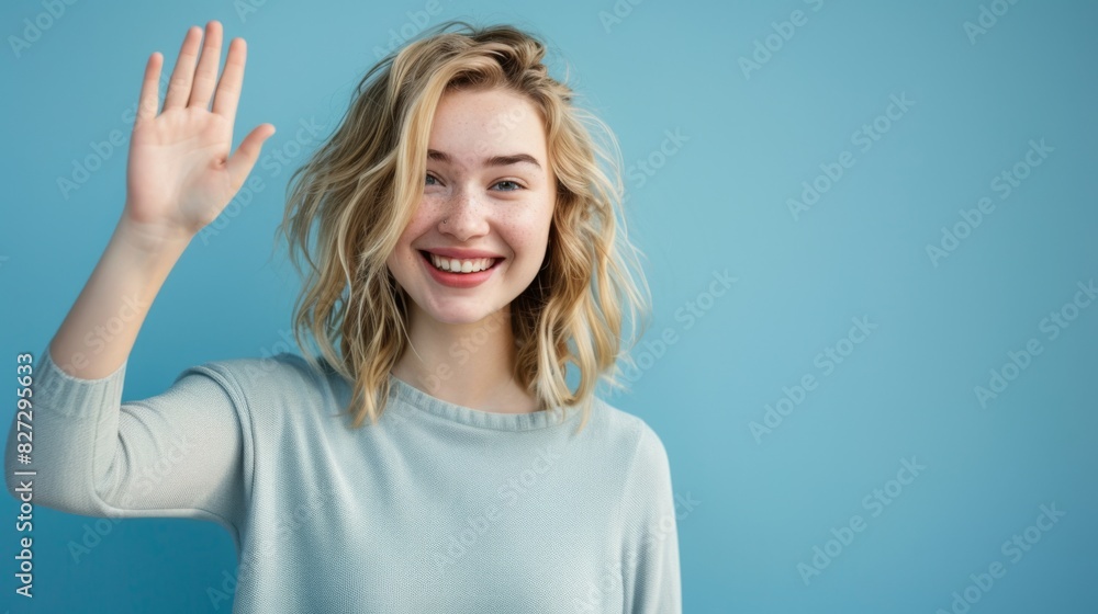The happy woman waving. The happy woman waving.