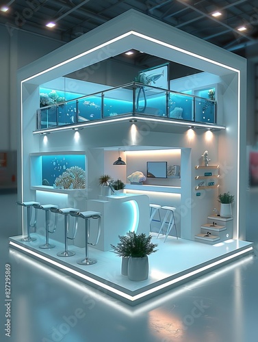 A small booth for diving, about diving, exhibition exhibition, bird seye view, c4d modeling style, a little simpler, no coral photo