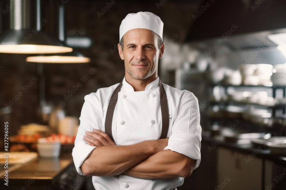 Confident chef standing arms crossed in kitchen
