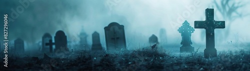 Cemetery Focus on old tombstones and shadowy figures with a spooky cemetery background, misty evening light, empty space right for text