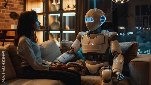 A robot is talking to a girl on a couch