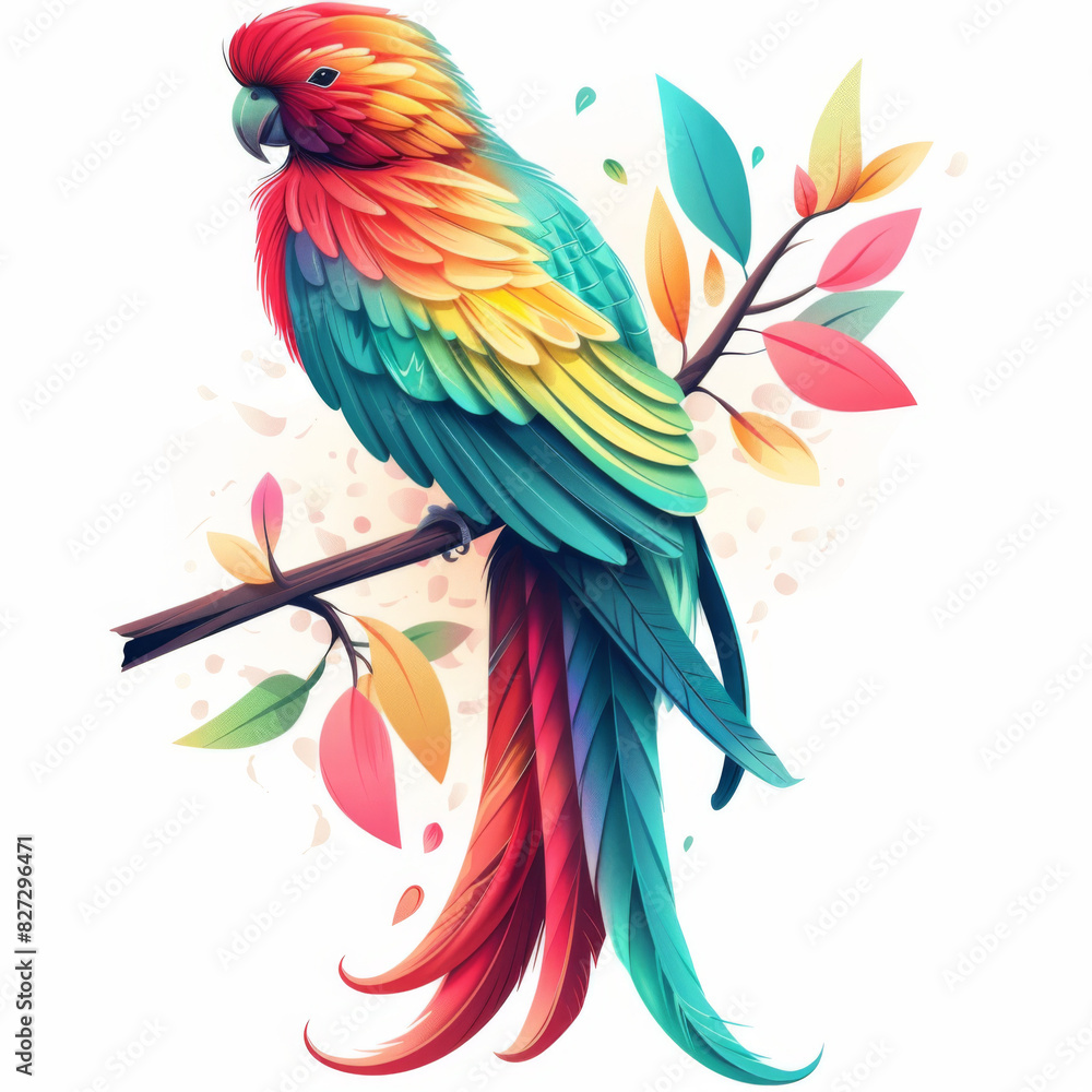 Obraz premium Stunning digital illustration of a parrot adorned with colorful feathers perched on a floral branch.