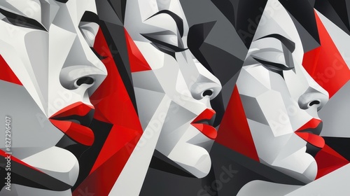 Abstract geometric painting with red, black and white shapes depicting human silhouettes, modern art, modern design