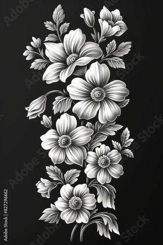 Monochrome Floral Sketch on Black Background