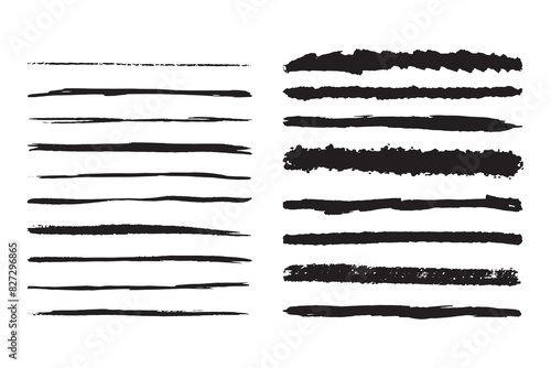 Coal pencils grunge strokes set. Brush Chalk line marker texture. Straight lines
