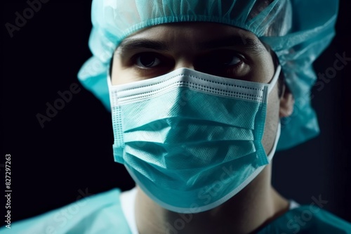 facial expression close-up of a young adult female surgeon operating and wearing a surgical mask and copy space