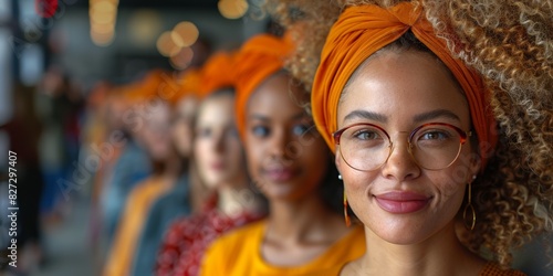 A stylish woman wears a traditional cultural head accessory and smiles amidst a colorful row of mates.