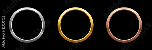 Gold, silver and bronze metal circle frames 3d vector realistic illustration. First, second and third place medals or buttons isolated on black background. Certified. Quality blank, empty badge set photo