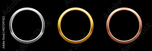 Gold, silver and bronze metal circle frames 3d vector realistic illustration. First, second and third place medals or buttons isolated on black background. Certified. Quality blank, empty badge set