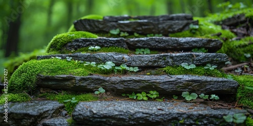 In the mossy woods, wet stone stairs lead through the lush forest, a verdant natural scene.