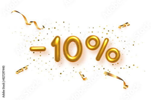 Discount creative composition with gold percent off. 3d Golden sale symbol with decorative balloon numbers, minus and percent signs. Sale banner or poster on white background vector illustration © backup16