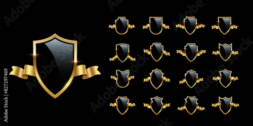 Black shields with golden frame and ribbons vector set for emblem, badge, label. Royal medieval military armor collection isolated on black background. War trophy, heraldic symbol